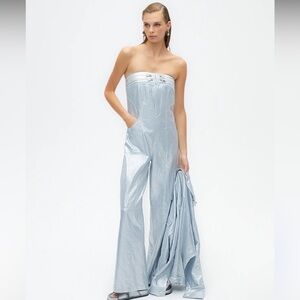 New Nocturne Metallic Strapless Jumpsuit Ice Blue